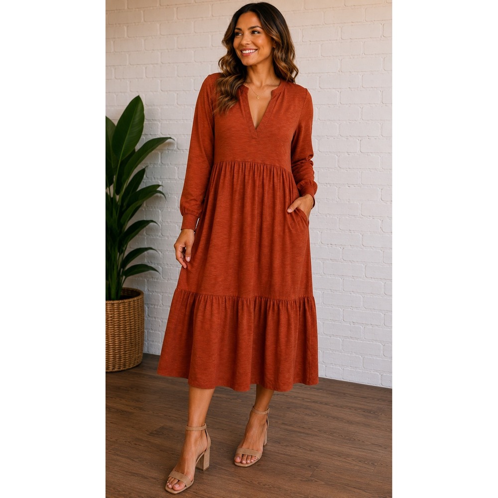 Time and Tru Womens Long Sleeve Tiered Knit Midi Dress Orange Brick M 8-10 NWT